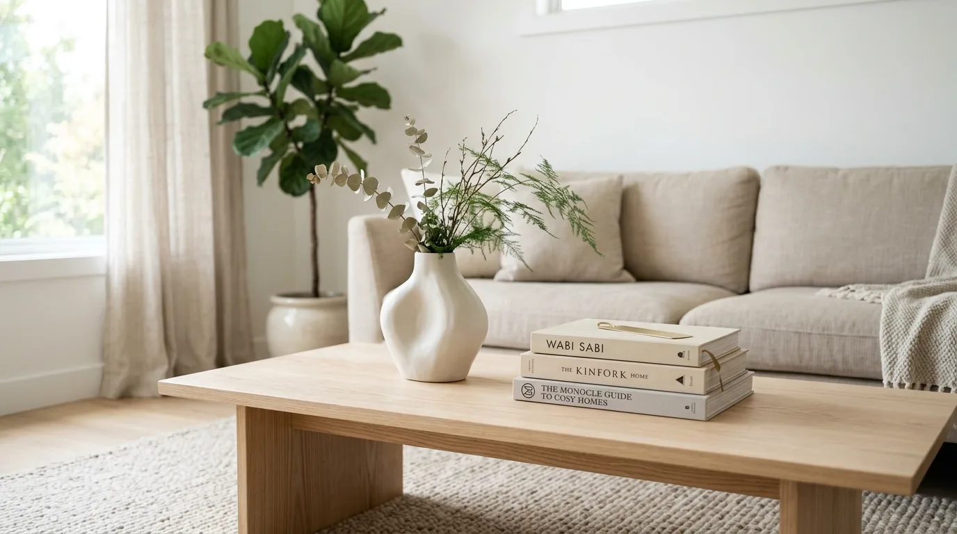 Bring in florals or greenery with restraint inspiration for a coffee table centerpiece.